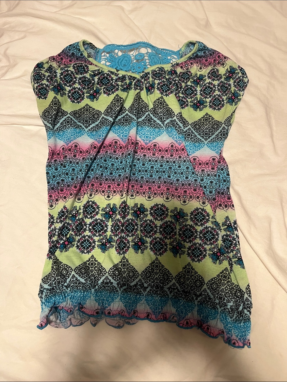 Women’s Printed Sleeveless Top with Lace Back - Green/Pink/Blue